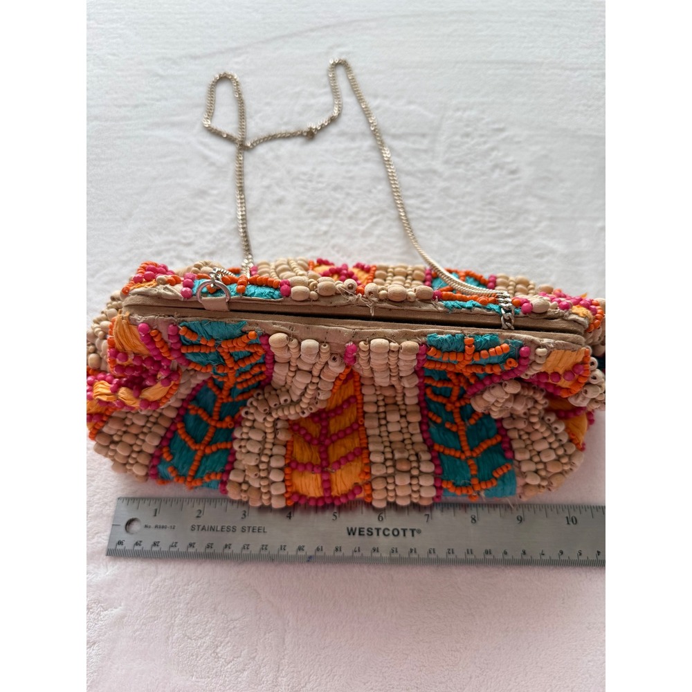 Viral Made in India Handcrafted Artisan Beaded Clutch/Purse Gold Tone Chain - Picture 13 of 16